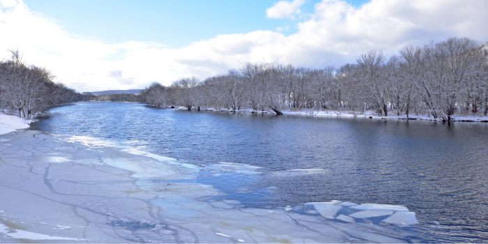 Scène de rivière en hiver, avec de la glace recouvrant une partie de l'eau et de la neige sur les arbres et le sol.
